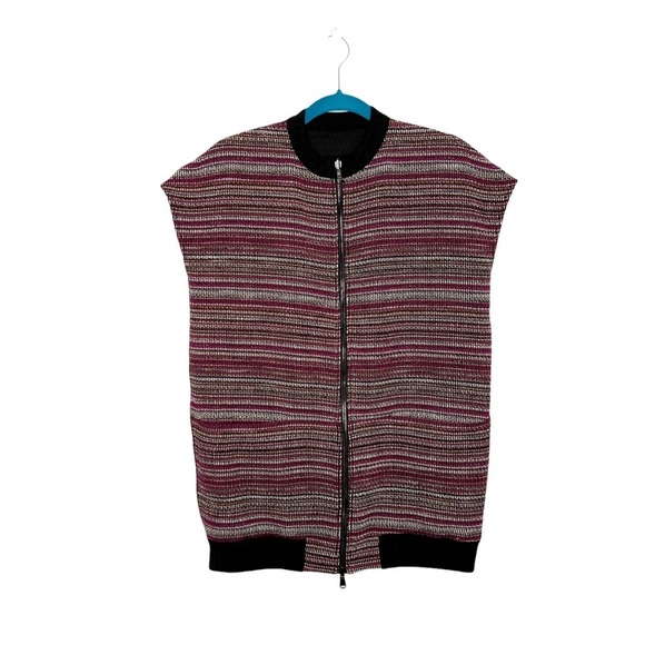 Jackets & Blazers - Woven Maroon, White & Black Striped Reversible Zipper Front Vest